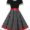 Nihsatin Vintage 1950s Retro Rockabilly Swing Dress Polka Dots Cocktail Dress with Belt, Extra Large, Black 