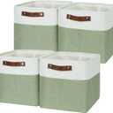 Temary Fabric Storage Bins for Organizing Clothes, Closet Baskets with Handles - Decorative Storage Boxes for Home (White & Green, 12 Inch, 4 Pack)