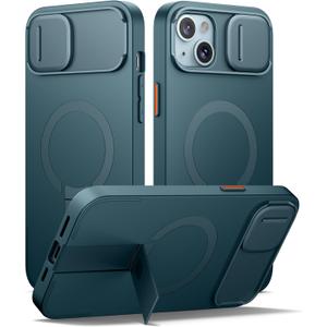SURITCH for iPhone 14 Plus/15 Plus Case with Magnetic Camera Slide Cover and Adjustable Kickstand, Compatible with MagSafe, Shockproof Bumper Case Slim Protective Cover 6.7 Inch, Lake Green