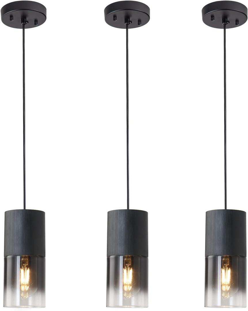 3-Pack Black Pendant Light Fixtures, Adjustable Modern Pendant Lights for Kitchen Island, Industrial Glass Pendant Lights for Dining Table Hallway Bedroom Living Room