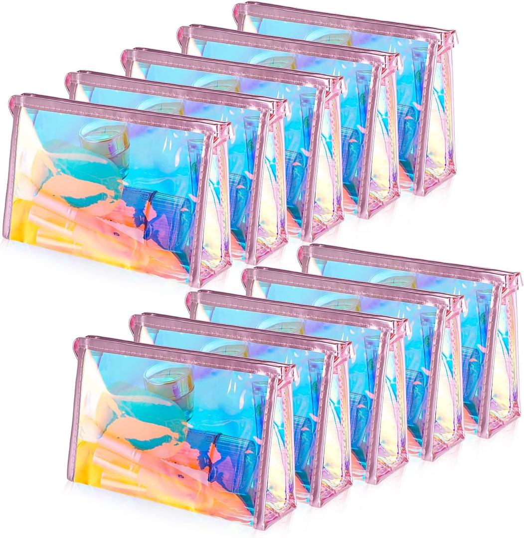 BESARME10 Pcs Holographic Makeup Bags Bulk, Clear Portable Zippered Toiletry Bag for Bachelorette Valentines Day Gifts Party Favors Waterproof Cosmetic Bags Wedding Gifts for Bride Bridesmaids (Holographic Purple Pink)