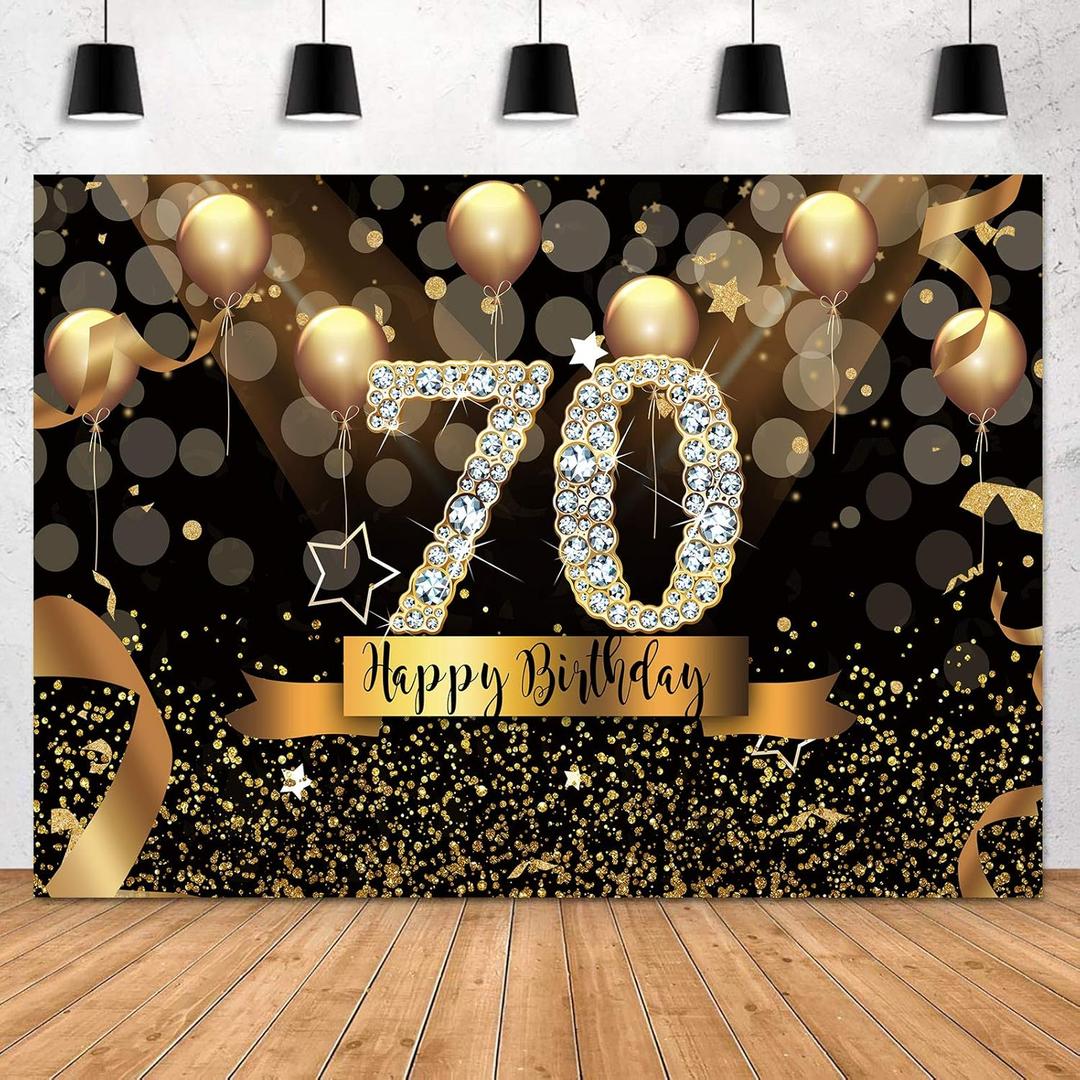 Sensfun Sparkle Gold 70th Birthday Backdrop Black Golden Balloons Photography Background for Women Shining Diamond Fabulous 70 Bday Party Decoration Supplies Happy 70th Birthday Photo Banner 7x5ft