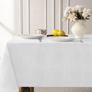 Softalker White Jacquard Rectangle Tablecloth - 60 x 120 inch Large Geometric Line Damask Table Covers Waterproof Stain Resistant Washable Polyester Table Cloths for Indoor & Outdoor