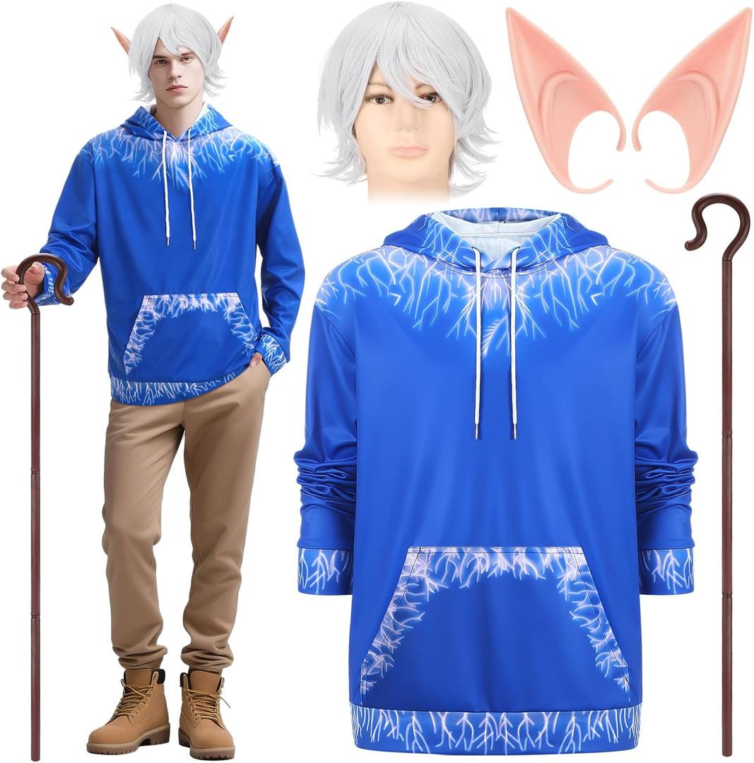 Tellingyou 5 Pcs Halloween Ice Costume for Men Adults Blue Hoodie White Wig Ice Staff Elf Ears for Halloween Anime Costume (Medium)