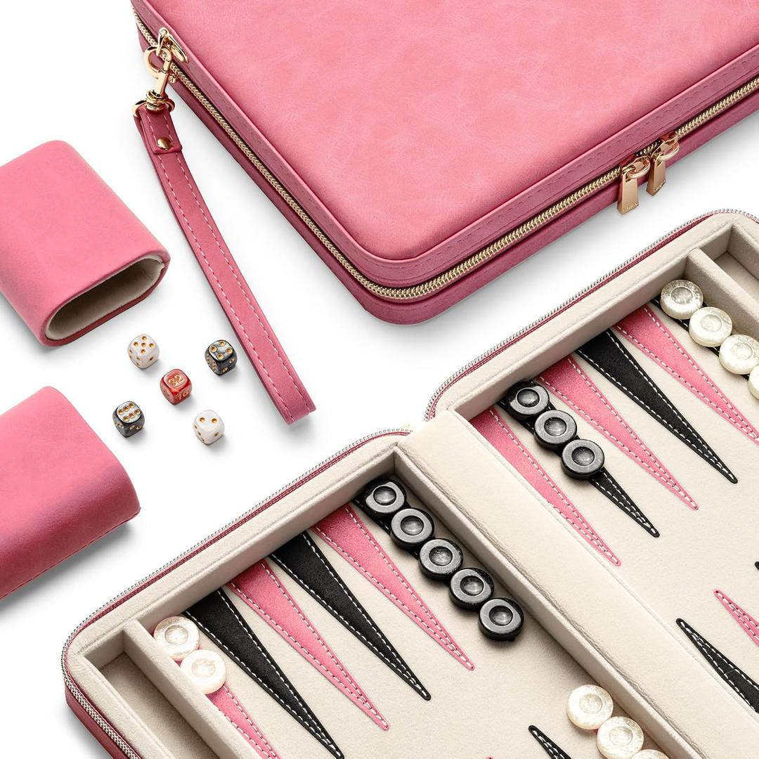 Backgammon Sets for Adults and Kids, Classic Backgammon Board with Unique Checkers Dice, Folding Faux Leather Backgammon Case, Portable Travel Backgammon Game Set (Pink)