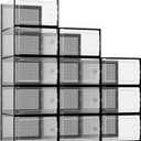 Kuject XX-Large Shoe Storage Boxes Organizers Clear Plastic Stackable 12 Pack, Shoe Rack & Holder Substitute, Sneaker Containers, Toy Storage Organizer Bins for Entryway, Closet, Under Bed, Black