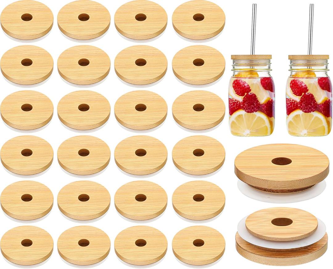 Cunhill 30 Pieces 70mm Bamboo Jar Lids Bulk with Straw Hole for Glass Cups Reusable Mason 2.76 Inch Wooden Lids with Silicone Ring for Beer Can Cups Regular Mouth Drinking Jars