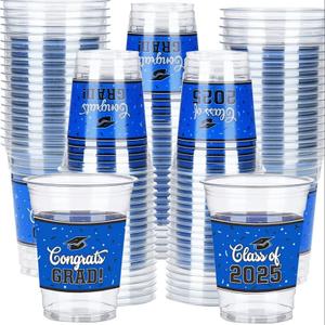Funnymoom 100 Pcs 16oz 2025 Graduation Cups Disposable Graduation Plastic Cups Class of 2025 Celebration Grad Party Favors(Blue, Black)
