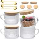 4pcs Overnight Oats Containers with Lids,Vintage Coffee Mugs gifts for women,Glass Cups with Spoons and Bamboo Lids,Great for Coffee, Overnight Oats,Juice. Excellent Choice for Gift Giving,Party