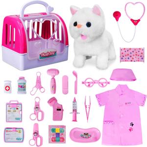Doctor Kit for Girls -Vet Play Sets for Kids, Pretend Play Doctor Set with Pet Cage and Kitten Toy, Doctor Play Gift for Kids Toddlers Ages 3 4 5 6 Year Old for Role Play (White Kitten)