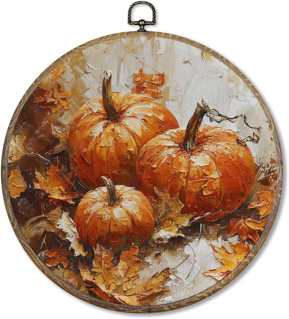 FUGWN Fall Pumpkin Maple Leaf Round Wall Art Decor Framed, Rustic Farmhouse Autumn Harvest Canvas Artwork Prints, Fall Pumpkin Wall Hanging Decorations for Home Bedroom Living Room, 10x10 Inch