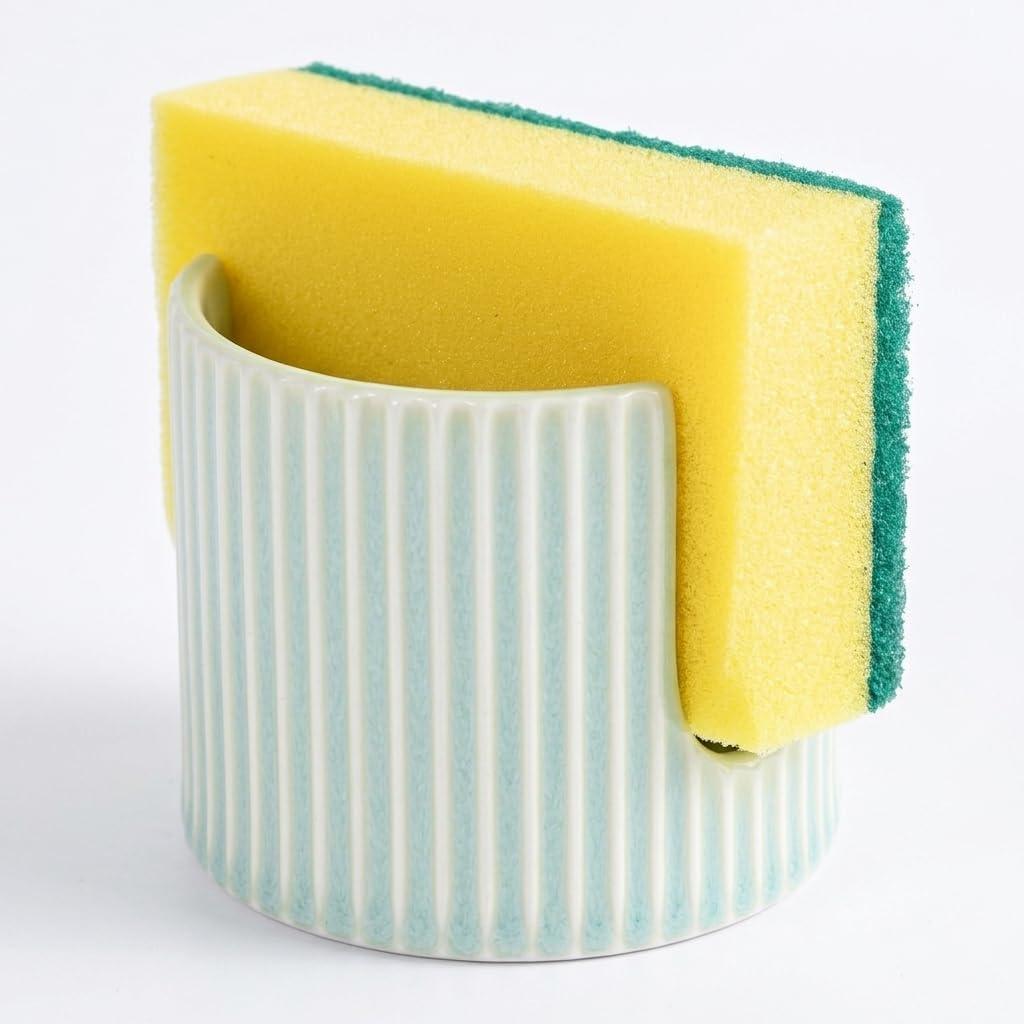 Ceramic Sponge Holder for Kitchen Sink, Quick Dry Sink Caddy Organizer with Non-Slip Base, Farmhouse Sponge and Brush Holder for Countertop, Bathroom or Kitchen, Vintage Green