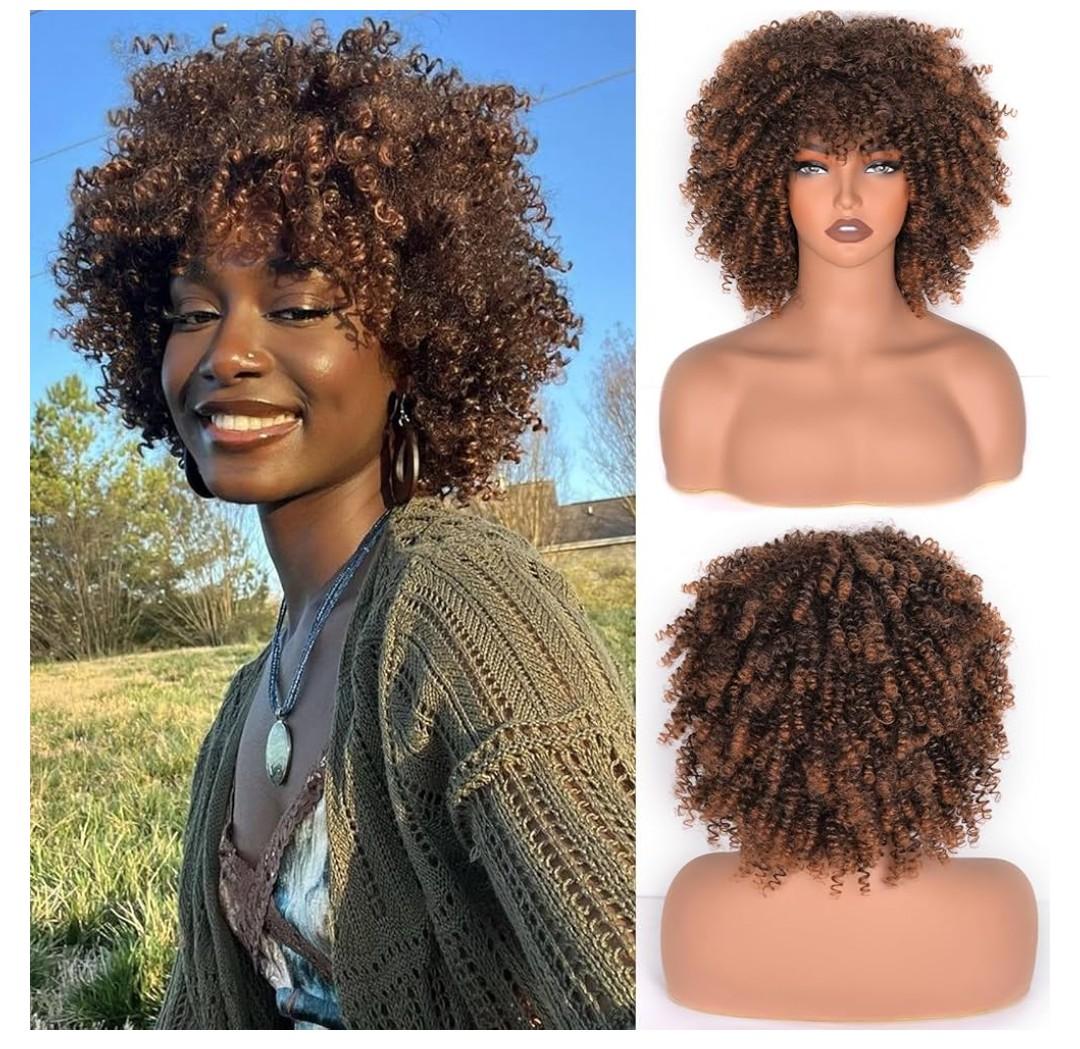 Vitorish Afro Curly Wig With Bangs 10 Inches kinky Curly Synthetic Hair Wig about 230g/Piece Full Machine Made Scalp Top Cosplay Curly Wigs for Women (Black to Brown)