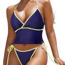 ZAFUL Women's Halter Tankini Swimsuits Cute V Neck Tummy Control Bathing Suit High Cut Tie Side Thong Tankini Set Swimwear (Medium)