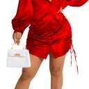Women's Sexy Button Down Shirts Loose Collar Long Sleeve Ruched Silk Cloth Night Out Club Mini Wrap Dress Drawstring (XX-Large, Red)