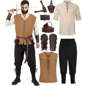 Renaissance Costume Men Adult Medieval Viking Costume Halloween Pirate Costumes Archer Cosplay Outfit Set (Black, M)