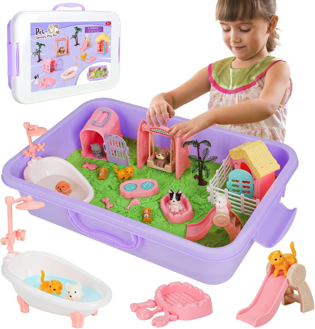 Vextronic Pet Sensory Bin for Toddlers, Dog & Cat Sandbox with Lid, Play Sand Kit with 2.2lbs Sensory Sand for Kids, Pet Sensory Box, Pretend Beach Toy Birthday Gift for Girls Boys 3 4 5 6 7 8 Purple