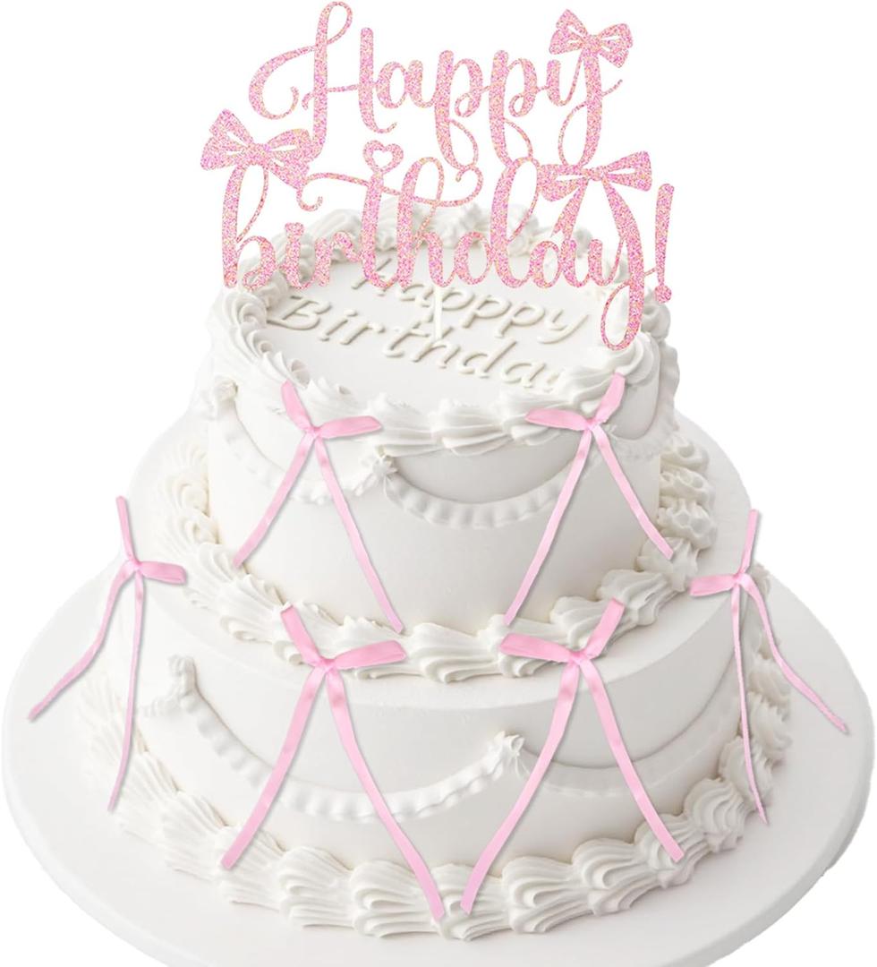 6 PCS Bow Cake Toppers Pink Bow Birthday Decorations Coquette Birthday Decorations Bows for Valentine's Day Cake Party High Footed Cup Balloons New Year Party Supplies