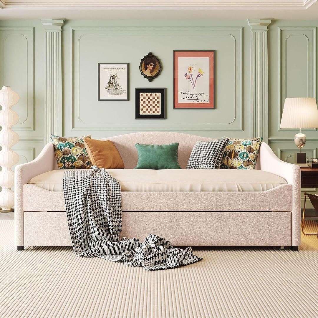 Teddy Fleece Full Size Upholstered Daybed with LED Light and Trundle,Modern Wood Platform Bed W/Side Stripes,Easy Assembly,for Bedroom,Living Room,Guestroom,Beige