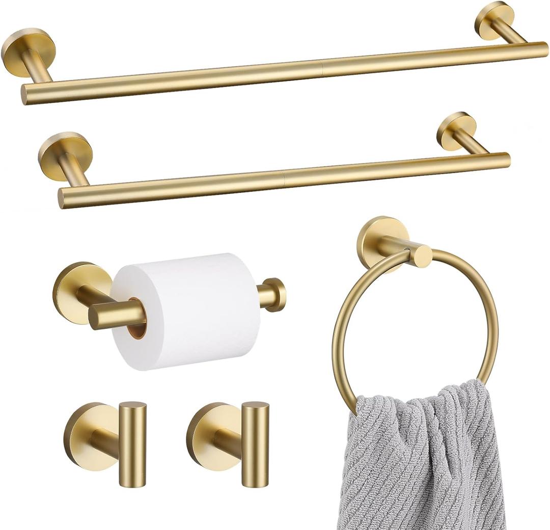 6 Pieces Brushed Gold Towel Bar Bathroom Hardware Set, 23.6Inch Brushed Gold Bathroom Accessories Towel Holder Set, SUS304 Stainless Steel Towel Racks for Bathroom