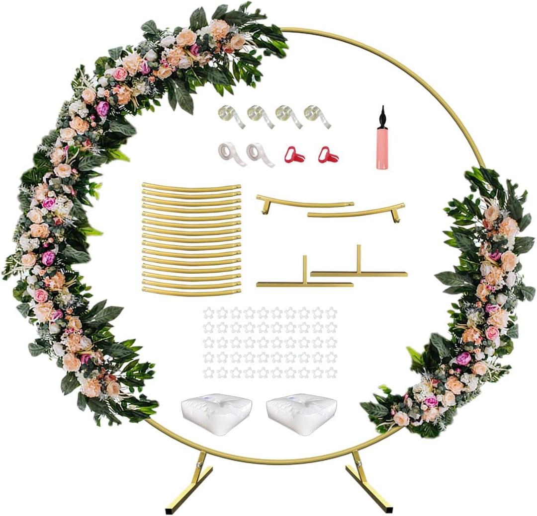 7 Ft Round Wedding Arch Stand with Metal Base for Flower Balloon Decoration, Circle Backdrop Stand Frame for Ceremony, Birthday Party, Baby Shower, Gold
