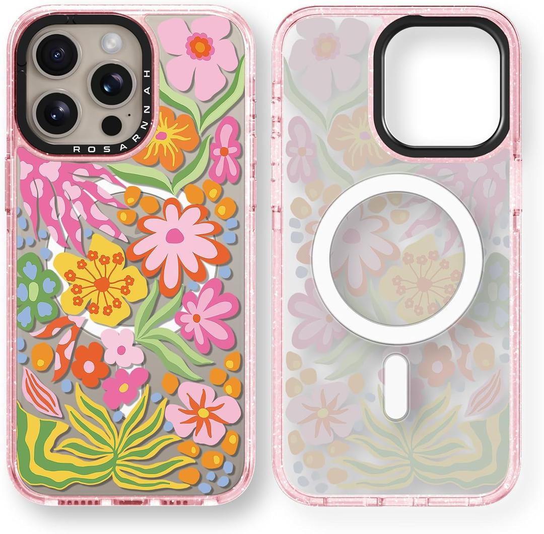 Magnetic for iPhone 15 Pro Max Magsafe Case Cute - Durable Shockproof 6.6 ft Drop Impact Phone Case - Funny Passion Flower Design for iPhone 15 Pro Max 6.7" Glitter Pink