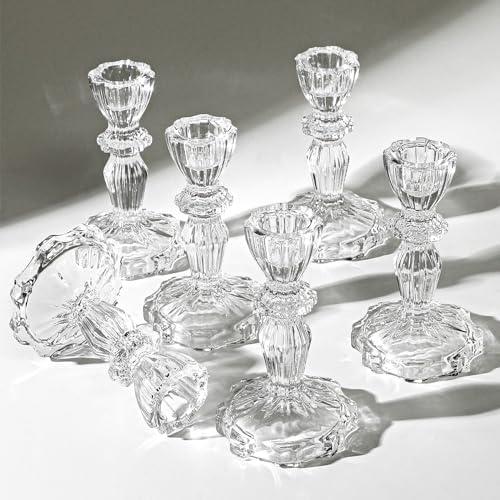 4.33" Tall Glass Candlestick Set of 6 Clear Crystal Candle Holders for Glass Taper Holder Decor for Wedding Birthday Party Christmas Pieces Missing