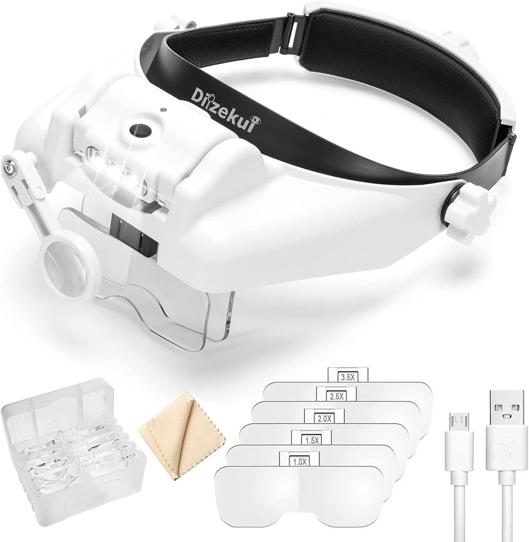 Headband Magnifying Glass with Light, Rechargeable Head Magnifying Glasses 1X to 14X, Magnifier Headset with 6 Detachable Lens, Hands Free Head Mount Magnifier for Close Work Jewelry Crafts (White)