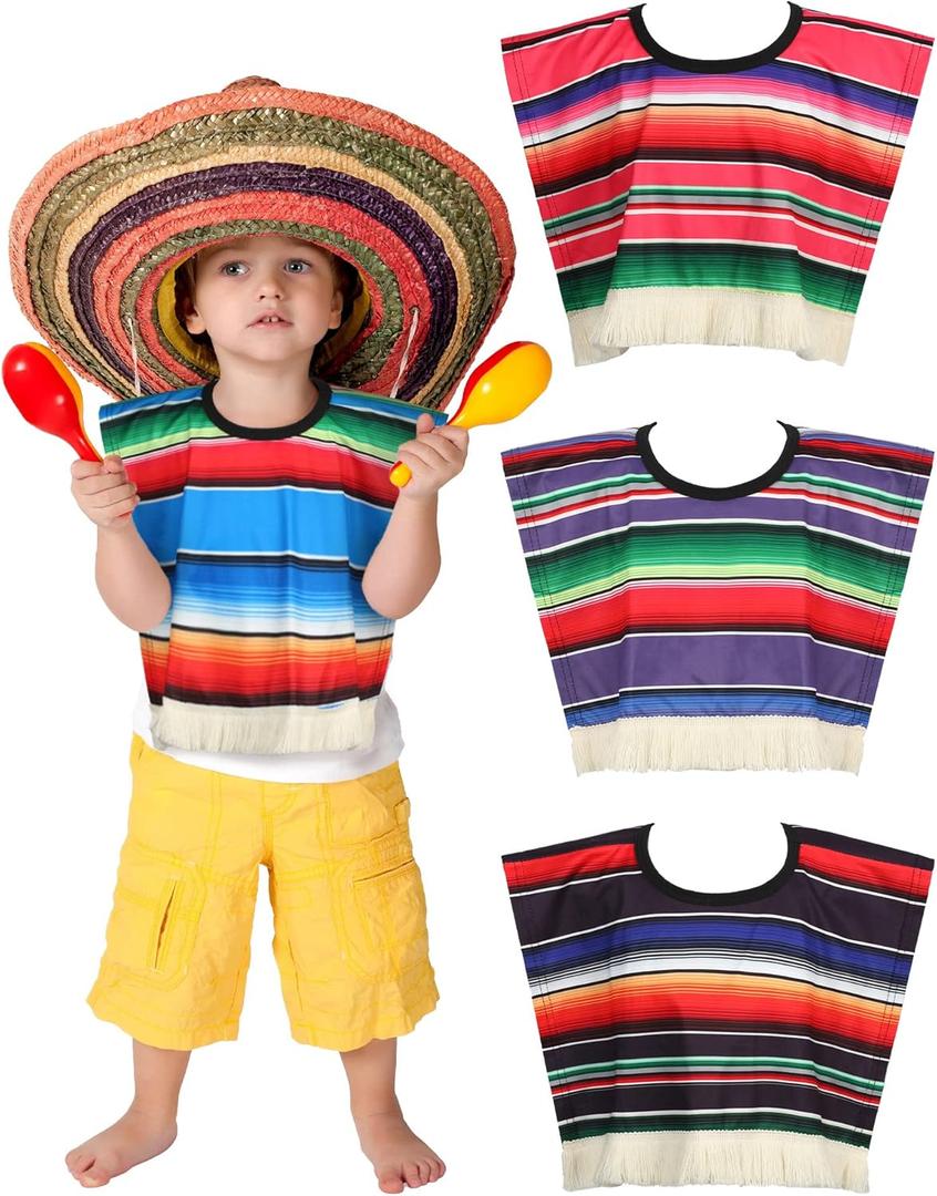 Funtery 4 Pcs Mexican Serape Poncho for Kids Baby Mexico Poncho Costume Cinco De Mayo Outfit Fiesta Theme Party Costume