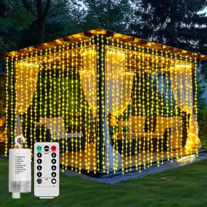 Curtain Lights Battery Operated 10 * 10Ft 300LED Waterfall Light with 8 Modes Remote Dimmable Timer Memory Waterproof Twinkle Fairy String Lights for Indoor Outdoor Backdrop Bedroom Pergola Christmas (Warm white 300LED)