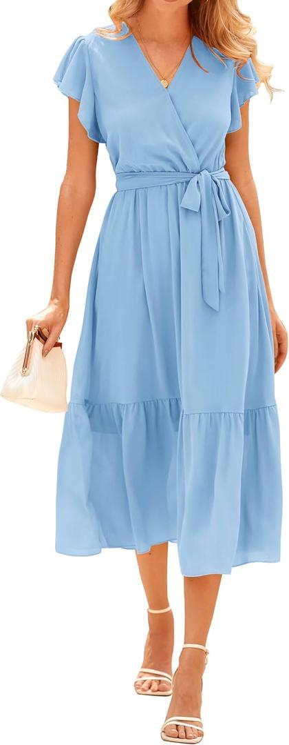 BTFBM Women Summer Bohemian Floral Casual Wrap V Neck Ruffle Cap Sleeveless Belt A-Line Pleated Hem Midi Sun Dress White (Blue, M)