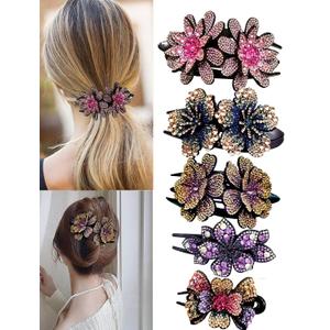 5 Pcs double flower decorative jeweled rhinestone hair clip pretty fancy floral thick crystal hair clips for women beautiful fashion designer asian accessories long chinese korean vintage ornaments