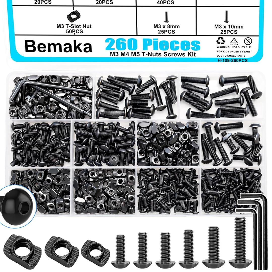 260PCS M3 M4 M5 T Slot Nut Screws Kit, T Nuts and Bolts Assortment Kit for 2020 Series Aluminum Profile, Mlok Screws Nuts Replacement