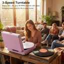 Purple Bluetooth Suitcase Record Player, 3-Speed Turntable | Vintage purple suitcase style with Bluetooth, 3-speed playback, built-in speakers, auto stop, AUX, RCA and headphone jack.