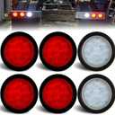 6 Pcs 4" Inch Round LED Trailer Tail Lights Red 12 LED, (4 Red+2 White) 4" Round Led Stop Turn Tail Brake Trailer Lights White Backup Reverse Lights w/ 3-Prong Wire Pigtails IP67 Waterproof