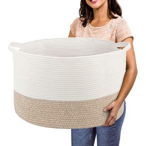 Extra Large Cotton Rope Basket 22" x 14" - Toy Basket for Kids -Blanket Basket for Living Room - Woven Baskets for Storage (White + Beige)