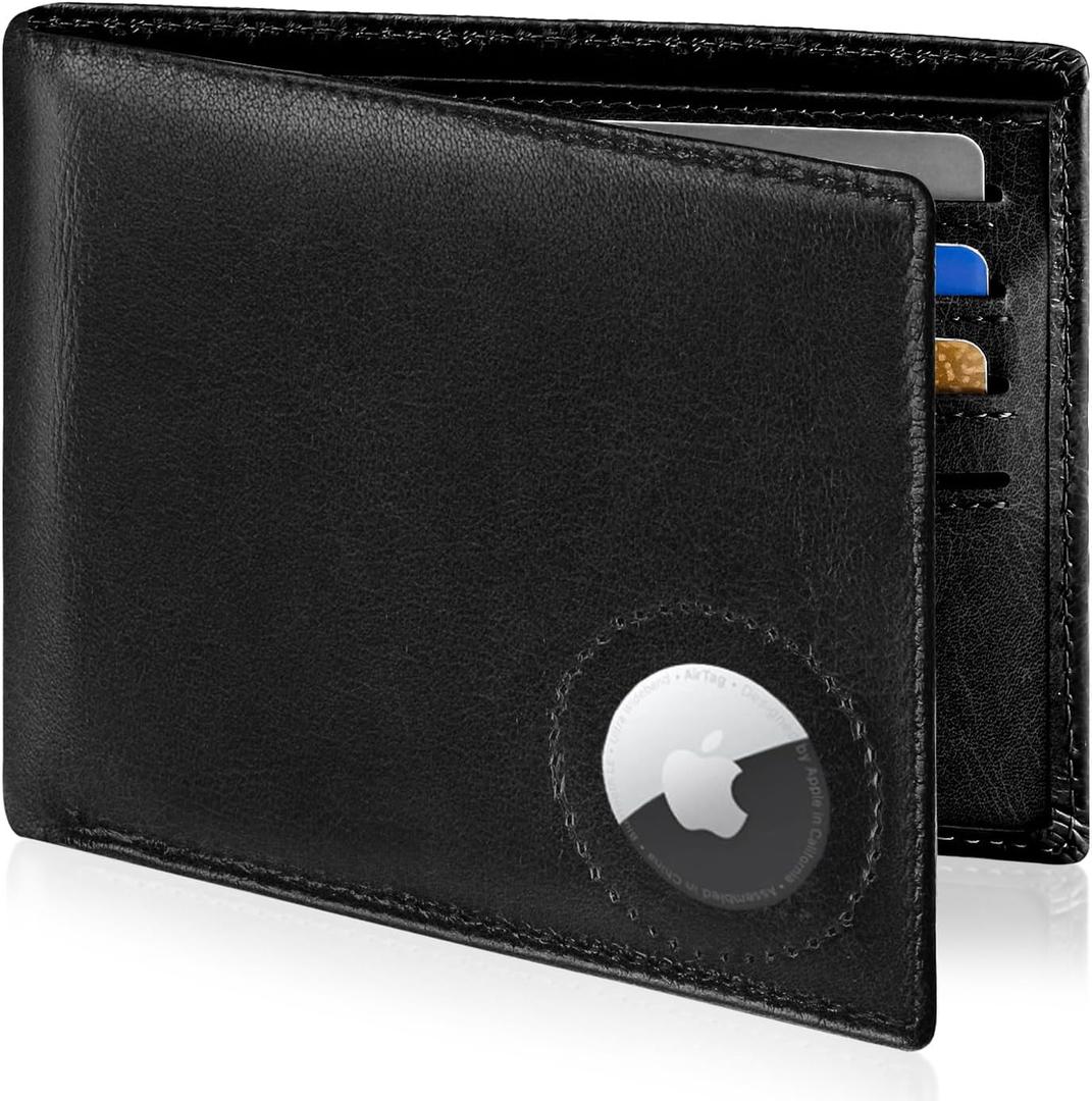Slim Leather Wallet for Men Airtag Hidden, Large Bifold Mens Wallet RFID Blocking with ID Windows, Credit Card Holder for Men Wallet (A-Modern Black)