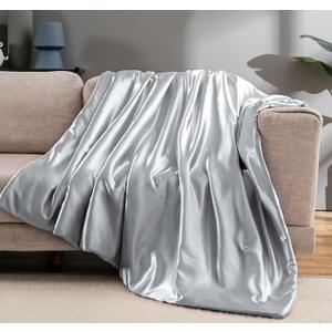 Vonty Silver Grey Satin Blankets 50x60 Inches(with Small Flowers), Cooling & Silky Wrinkle-Free Cable Knit Throw Blanket for Coush Sofa Bed Outdoor