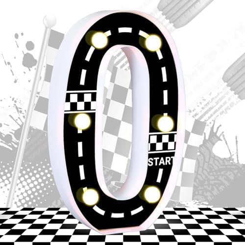 Racing Car Light Up Numbers Checkered Decorations Happy Birthday Light Up Sign Racetrack Inspired Decor Cars Theme Party Decorations Racing Party Supplies (Number 0)