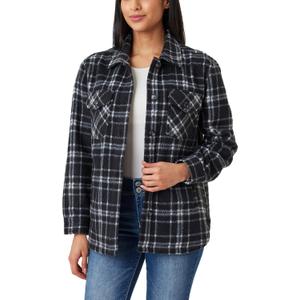 WallFlower Casual Fleece and Plaid Shackets Jackets Juniors for Women, Soft Button-Down (Black, XL)