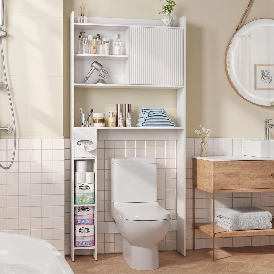 Over The Toilet Storage Cabinet with Sliding Door, 31.5" W Over Toilet Bathroom Organizer with Adjustable Shelves & Toilet Paper Holder, Space Saver Cabinet for Bathroom, White