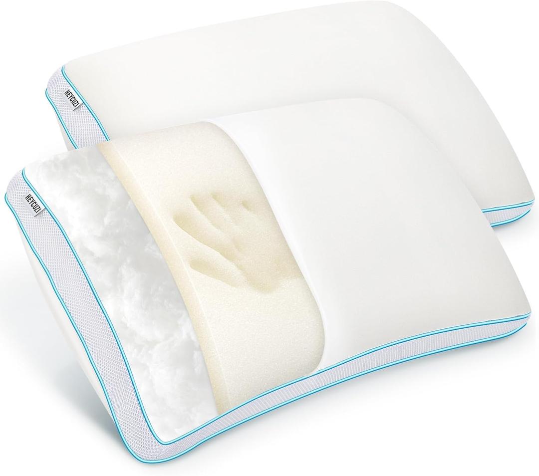 Pillows Queen Size Set of 2 for Sleeping - Fluffy Down Alternative Microfiber and Memory Foam Fill, Gusseted Soft Bed Pillow for Side,Stomach and Back Sleepers,Breathable Hotel Pillows(Medium)