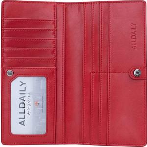 Alldaily Ultra Slim Thin Women Wallet RFID Blocking Credit Card Holder Bifold Long Ladies Billfold (Red)