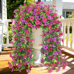 2 x 4 Pcs Artificial Hanging Flowers for Outdoor, Fake Silk Daisy Flowers Spring Summer Decoration UV Resistant Faux Plants for Planter Front Door Porch Patio Balcony Yard Decor, Purple Fuchsia