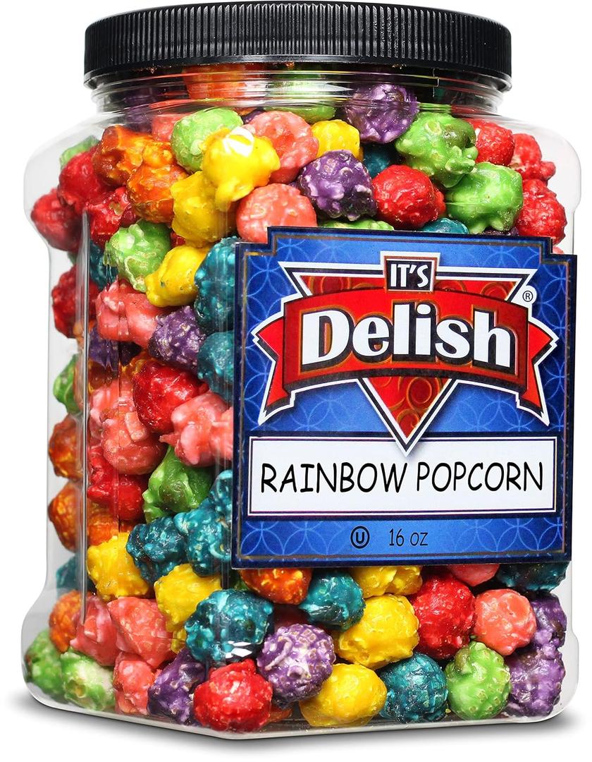Gourmet Rainbow Colored Popcorn by It's Delish, 16 Oz Jumbo Container | Bulk Colorful Popcorn Snack - Fruity Flavored Air Popped Corn Fun Confetti | Birthday Party, Events Gluten Free, Vegan, Kosher, Best By: 17/JUN/27