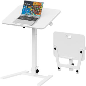 25 Inch Mobile Foldable Standing Desk, 180 Tiltable Portable Rolling Laptop Table, Height Adjustable Sit-Stand Desk with Wheels, No Assembly Computer Workstation for Home Office, White