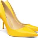 COLETER Women's 4 Inch Pumps Pointy Toe Wedding Dress Shoes Slip on Stiletto Pumps Patent Yellow 9US