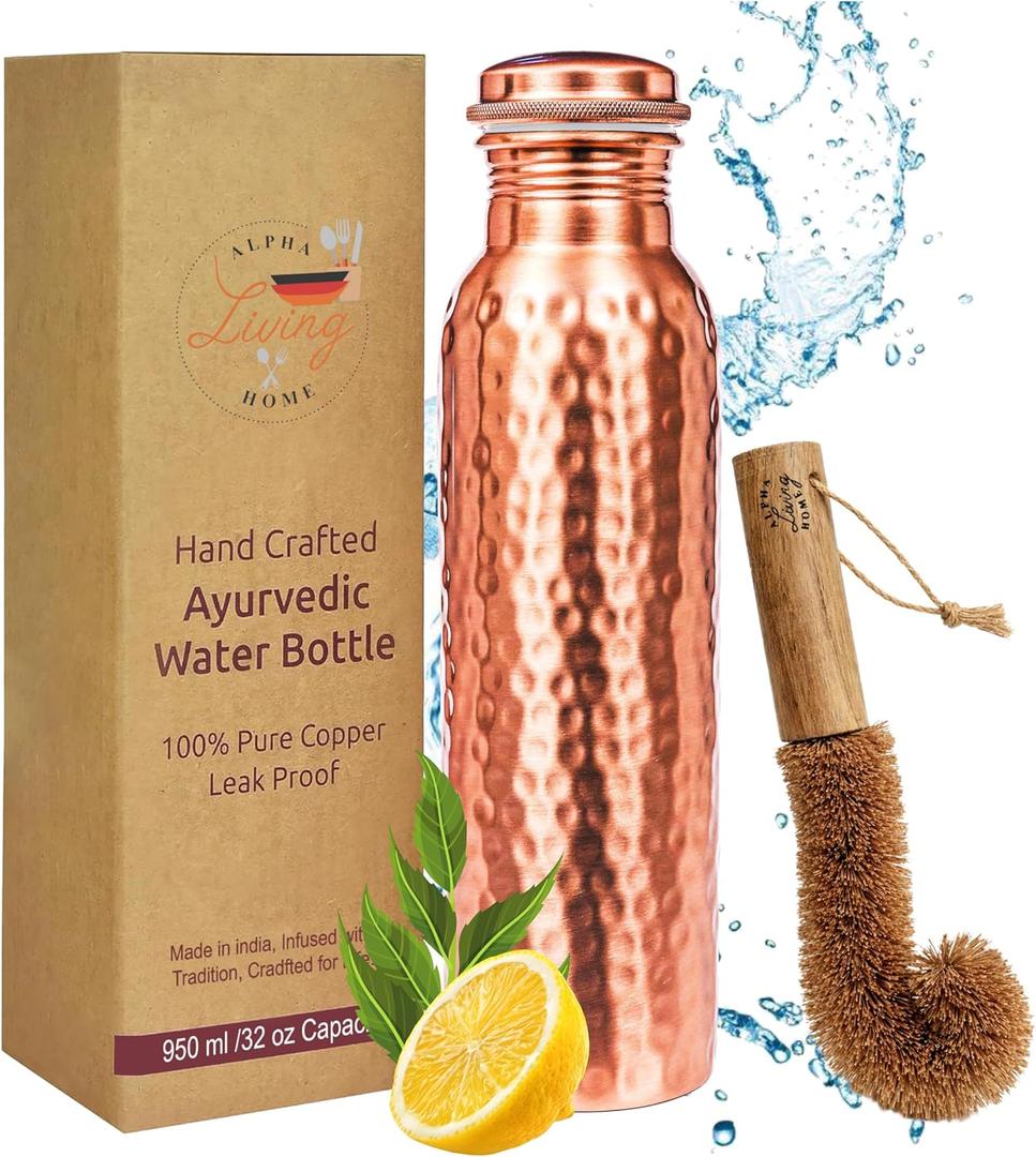 Alpha Living Home Copper Water Bottle 32 Oz Extra Large, Real Copper Water Bottle, Pure Drinking Bottle, Hammered Ayurvedic Bottle for Drinking Water, Leak Proof Vessel Cap with Cleaning Brush