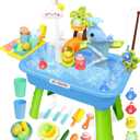Water Play Table for Toddlers 1-3, Kids Play Sink with Electric Faucet, Outdoor Water Table with Fishing Game, Summer Baby Water Sensory Toy for Toddlers 1-3 Years (Blue)