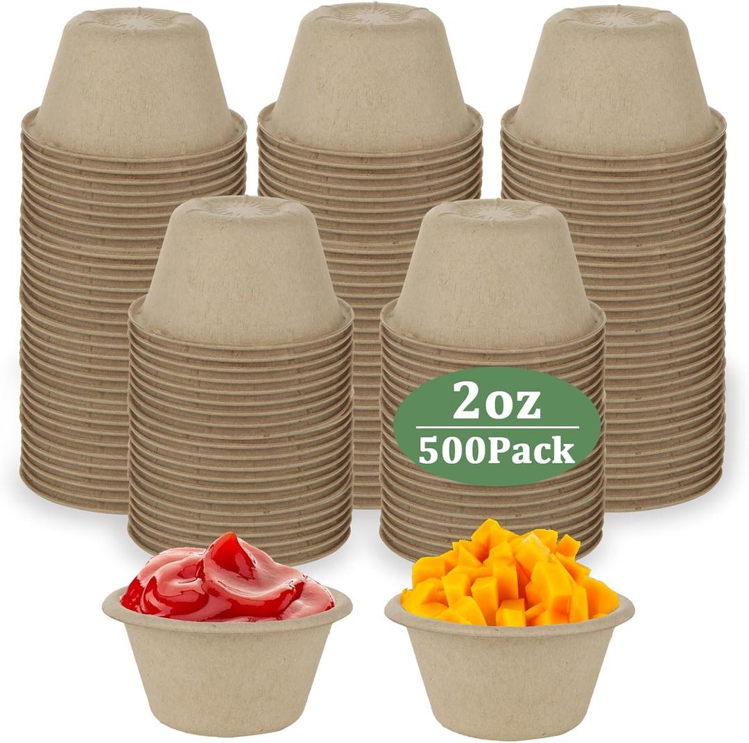 Acrux7 500 Pack 2oz Paper Souffle Cups, Disposable Natural Bagasse Fiber Sample Cups for Tasting, 2 oz Biodegradable Compostable Condiment Cup, Small Portion Cup for Dips, Sauces, Jams, Honey, Nuts